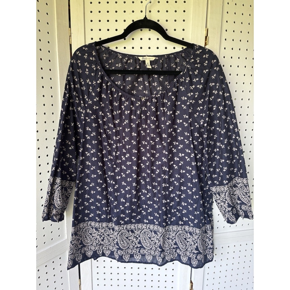 Bass G.H. Bass Navy‎ Beige Paisley Print 3/4 SLV Popover Blouse Shirt Women's M
